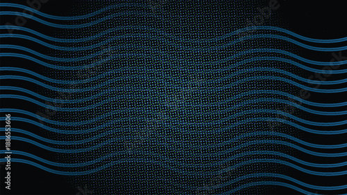 Blue Digital Waves with Neon Halftone Grid Background