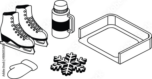 Line art isometric composition of white ice skates and mitten with snowflake thermos and rink barrier close up top view minimal vector sports equipment black outline