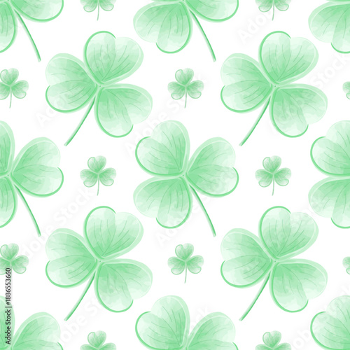 Green watercolor shamrock seamless vector pattern. St. Patricks Day clover ornament for decorating textiles, creating lucky designs. Floral print with clover leaves for celebrating an Irish festival