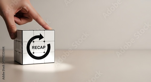 Hand rotates a white cube showing a circular arrow and the word 'RECAP', illustrating the importance of review and summarization in project completion.
