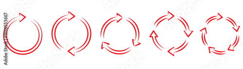 Red circular arrow icon, round refill sign, repeat icon, rotate arrow symbol, in flat style, isolated on white background, vector illustration.

