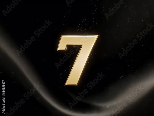 A gold, stylized number seven floats on a dark, textured background