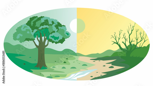 A circular illustration depicts a contrast between lush growth and barren land