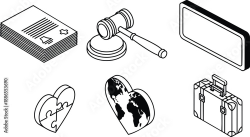 Isometric line art set of law documents gavel smartphone screen puzzle piece heart globe suitcase travel icon sheet simple outline style for editorial web projects