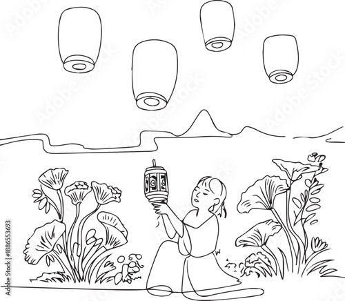 Girl kneeling amidst flowers holding lantern outdoors serene scene illustration