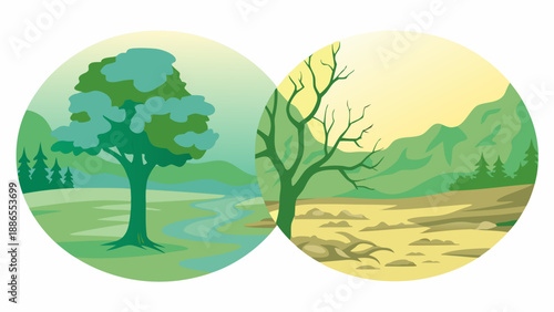 A visual comparison of a thriving green tree and a barren dry landscape