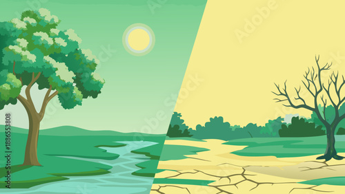 A striking visual contrast Lush greenery versus a barren drought stricken landscape