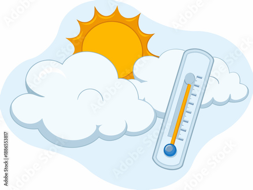 Sunny weather with clouds and a thermometer showing warm temperatures
