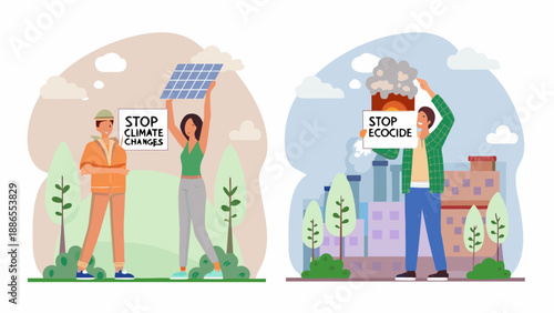 People protesting against climate change and ecocide with signs and visuals