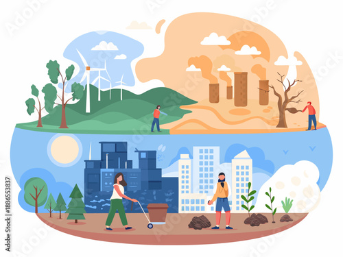 Environmental contrast a split view of thriving nature and polluted cityscapes