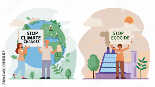 People protesting climate change and ecocide with signs highlighting environmental concerns