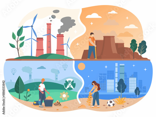 Comparing polluted industrial landscapes with clean sustainable environments and human care