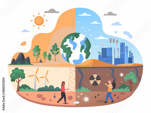 A divided world depicting environmental challenges and sustainable solutions