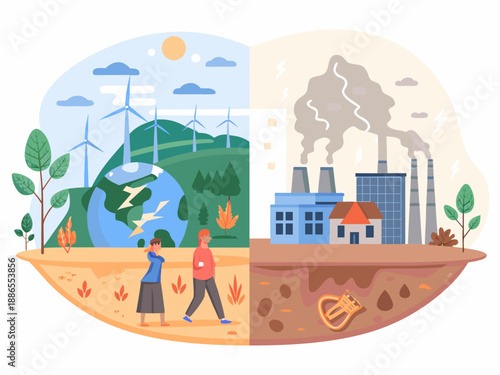 A stark contrast clean energy and a polluted industrial landscape side by side