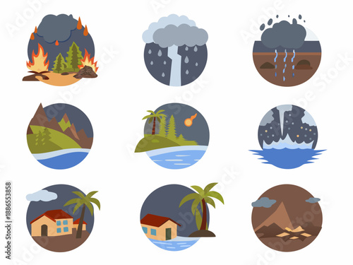 Illustrative icons depicting various natural disasters and landscapes in a flat style