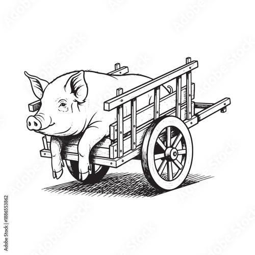 Pig pushing a wooden cart with wheels