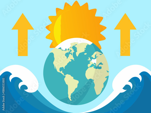 Stylized illustration depicting earth sun waves and two upward pointing arrows