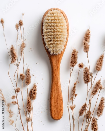 Wooden brush eco sustainable natural plasticfree zero waste bathroom wellness. Top view of a wooden dry brush with natural bristles and dried plants on a white background