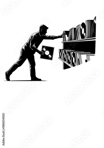 Vinyl Record Collector Silhouette, Person Browsing LPs in Music Store or Home Archive, Retro Music Hobby and Analog Audio Culture Vector