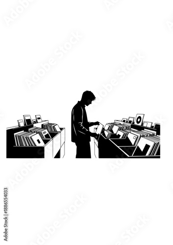 Vinyl Record Collector Silhouette, Person Browsing LPs in Music Store or Home Archive, Retro Music Hobby and Analog Audio Culture Vector
