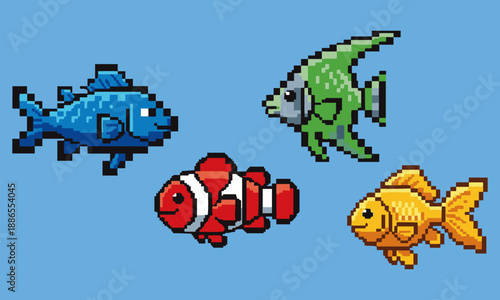 Pixel Art Fish Collection : A creative set of pixel art fish characters and colorful variations. Perfect for 8-bit retro game design