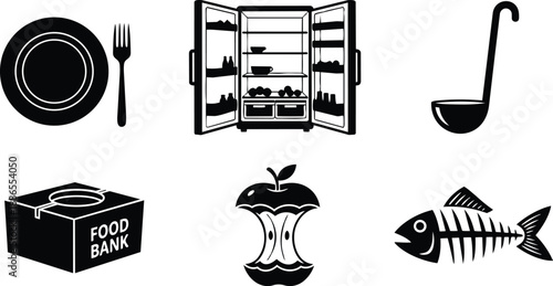 Flat design set of six food charity icons showing open fridge plate and fork ladle food bank box apple core and fish skeleton in black silhouette