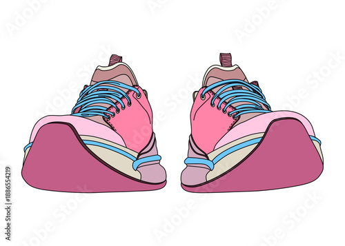 ピンクとブルーのスニーカーを正面から見たフラットなイラスト