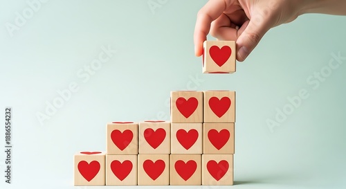 Hand places a wooden block with a red heart on a pyramid, symbolizing growing love and positive connections.
