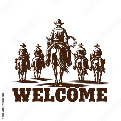 Cowboys on horseback with welcome sign