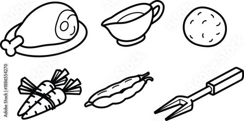 Line art top view roasted ham with gravy boat potato carrots peas and carving fork simple black outline vector icons for holiday dinner illustration plate set