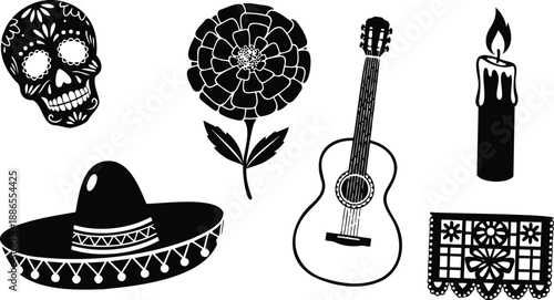Papercut folk art vector set featuring sugar skull marigold guitar sombrero candle and papel picado for day of the dead altar scene vibrant black silhouettes