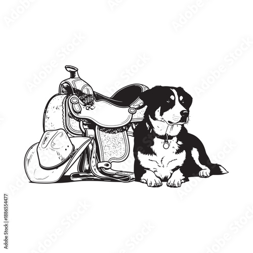 Dog sitting beside a saddle