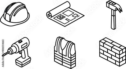 Isometric line art construction icon set close up hard hat blueprint hammer drill safety vest brick wall isolated on white background clean minimal vector technical