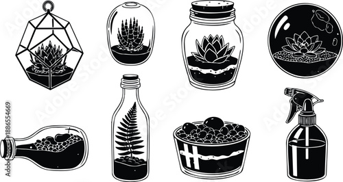 Line art close up set of glass terrariums succulents and fern in jars bottles bowls and hanging geometric planter top view simple black and white icons