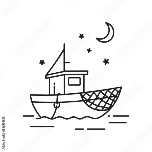 Silhouette Of A Fishing Trawler Boat At Sea Under Night Stars And Moon.