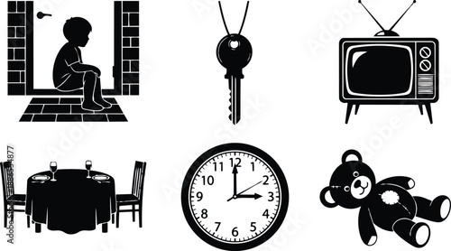 Flat design icon set child sitting at doorway looking away house key vintage television dining paired chairs clock and teddy bear silhouette vector