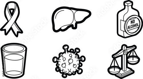 Line art medical icon set showing liver ribbon no alcohol bottle and glass virus and scales arranged in a neat grid with bold black outlines vector