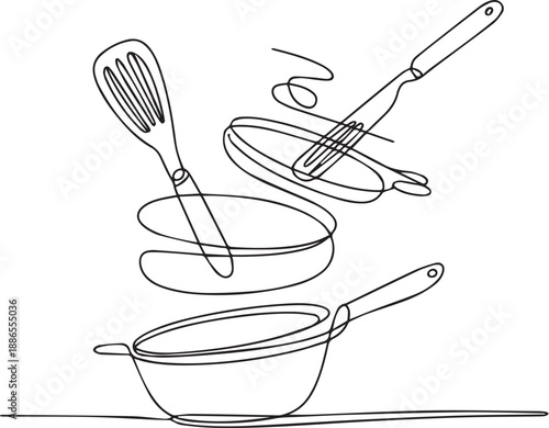 Kitchen utensils and cookware floating above a surface viewed from a straight-on perspective