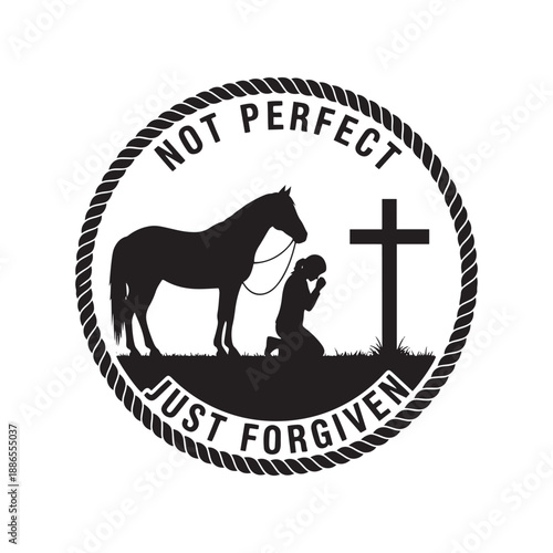 Person kneeling beside horse and cross with inspirational quote