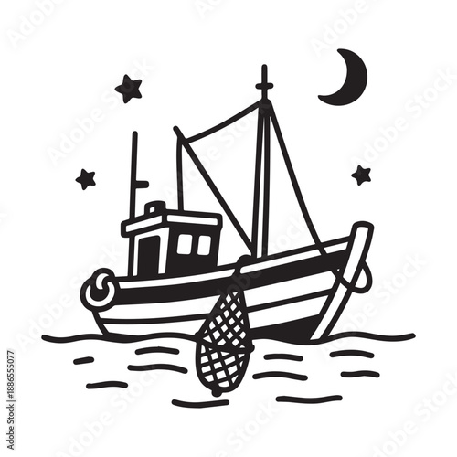 Silhouette Of A Fishing Trawler Boat At Sea Under Night Stars And Moon.