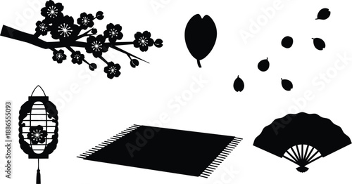 Flat design silhouette set of japanese cherry blossom branch with paper lantern folding fan picnic mat and falling petals isolated on white background closeup minimal style