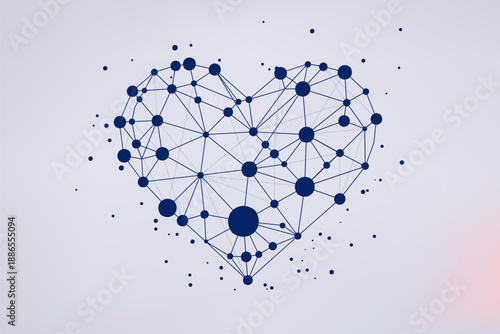 Abstract glowing heart made of connected lines and nodes on a gray gradient background. Futuristic digital love concept representing connection, romance, technology and Valentine’s Day.