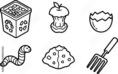Line art close up compost icons showing apple core eggshell worm compost bin compost pile and garden fork on white background clean educational environmental recycling guide