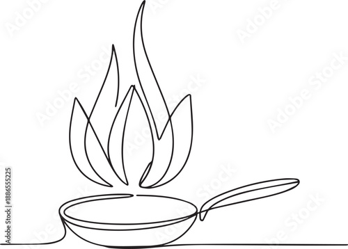 Flames rising from a cooking pan on a kitchen counter, viewed from the side in a simple line art style