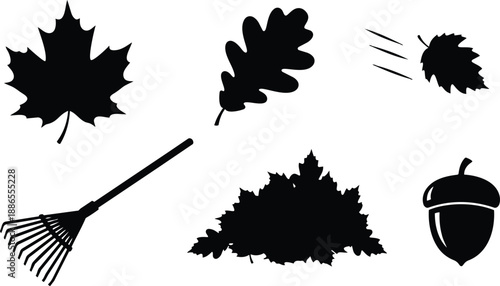 Flat design close up oak maple and falling leaves with garden rake and acorn silhouettes for autumn yard cleanup scene in black pile wind motion