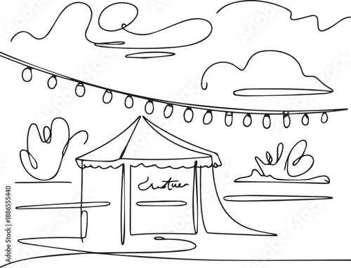 Café Tent Under Cloudy Sky with String Lights and Surrounding Plants Illustration