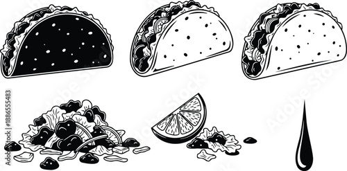 Line art vintage taco trio top view three folded tacos with lettuce meat close up lime wedge salsa drop minimal black white illustration vector ink sketch