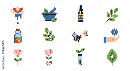 A colorful collection of flat design icons representing herbal medicine aromatherapy and natural ingredients.