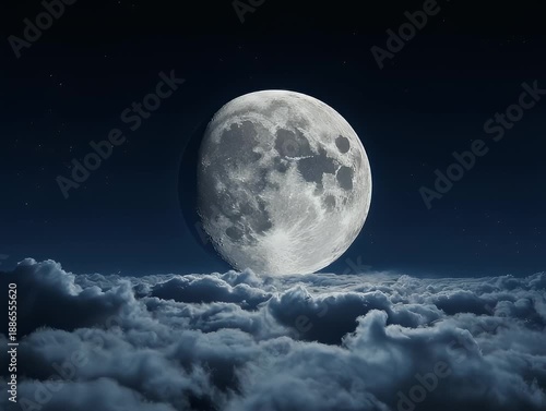 A full moon rises above dense cloud cover, stars dot a deep blue night sky