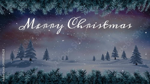 Animation of merry christmas text with snow falling on landscape and pine trees at night